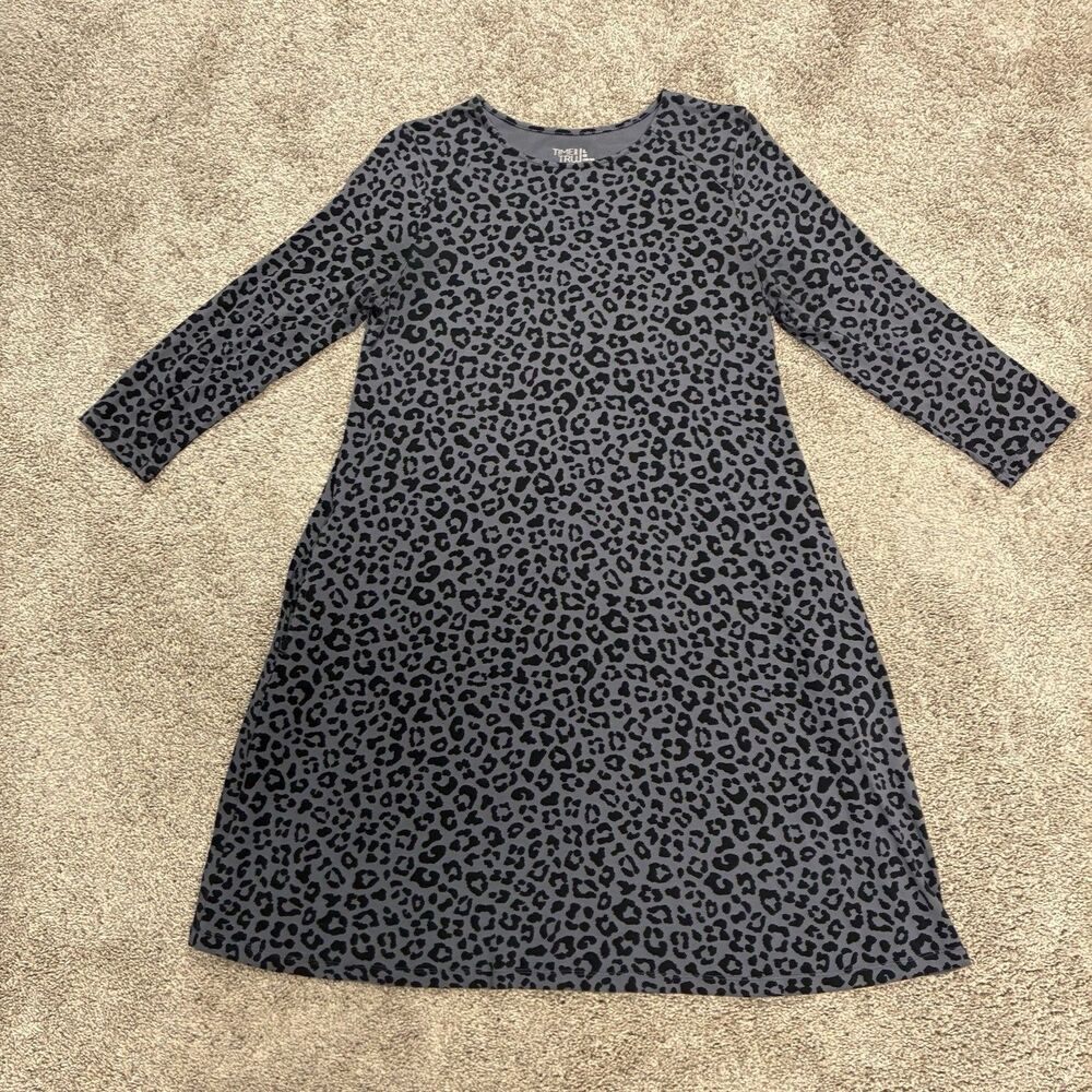 Time and Tru Leopard Print Dress Women's Sz Large Blue A-line 3/4 Sleeve Pockets